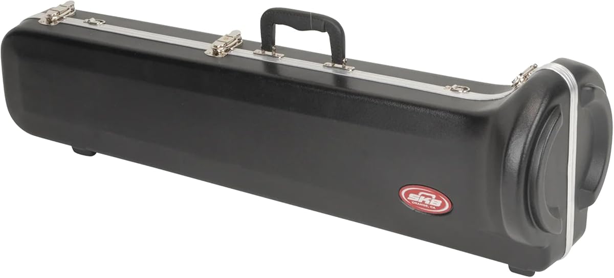 Estuche de viaje rígido para trombones tenor rectos de pequeño calibre, estuche de instrumentos exterior rígido con compartimento de almacenamiento interior forrado de felpa | exterior rígido duradero, pestillos de bloqueo seguros, interior forrado de felpa, banda y orquesta listas, almacenamiento de latón confiable
