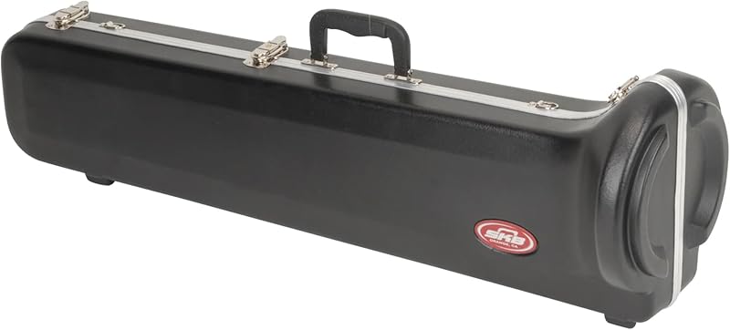 Estuche de viaje rígido para trombones tenor rectos de pequeño calibre, estuche de instrumentos exterior rígido con compartimento de almacenamiento interior forrado de felpa | exterior rígido duradero, pestillos de bloqueo seguros, interior forrado de felpa, banda y orquesta listas, almacenamiento de latón confiable