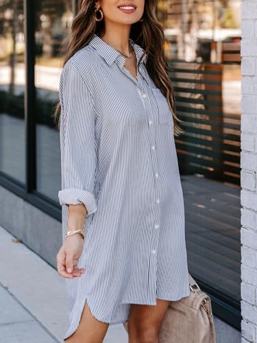 Womens Button Down Shirt Dresses with Pockets Striped Cotton Shirts Collared Long Sleeve High Low Blouse Tops2