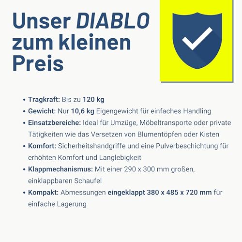Pallit Sackkarre klappbar & höhenverstellbar [120kg] - ergonomische Treppensteiger-Transportkarre Diablo-FS aus Stahl mit 3-Räder-System als Treppensackkarre, Schubwagen oder Holztransportkarre
