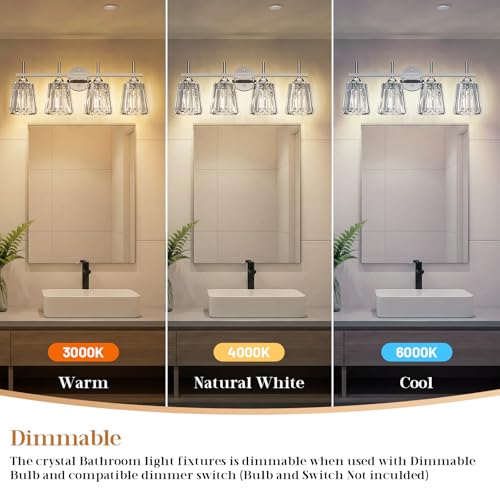 Image of Crystal Bathroom Light Fixtures Over Mirror, Chrome 4-Light Bathroom Vanity Lights Over Mirror Modern Wall Lighting Sconces with Ceramic E26 Base (Bulbs Not Include)