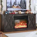 4 EVER WINNER Fireplace TV Stand with Electric Fireplace for 65' TV, Farmhouse Entertainment Center with Sliding Barn Door, Adjustable Storage Cabinets, TV Console Table for Living Room, Dark Brown