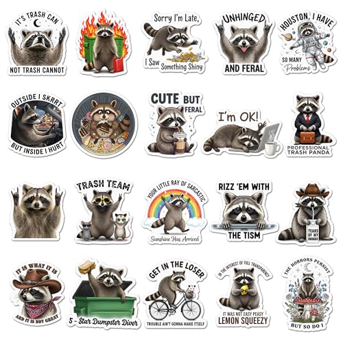 20 PCS Funny Raccoon Stickers Pack Trash Panda Meme Sarcastic Quotes Waterproof Vinyl Decals Adult Humor Laptop Water Bottle Phone Case Office Gift Animal Lover Possum Opossum Cute