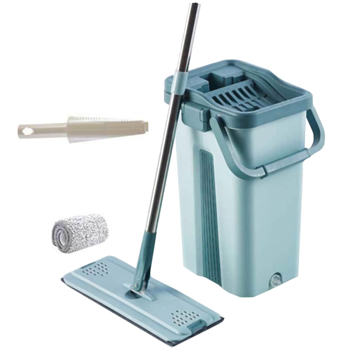 Trapeador sin Mano de Microfibra Verde Mango Integrado | Limpieza Rápida, Goma y Plástico, Acero Inoxidable, Juego en Balde de Fregona para Hogar
