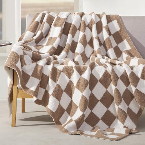 Image of Elegant Comfort Checkered Throw Blanket, Taupe Super Soft Cozy Fluffy Warm Throw Blankets for Couch, Sofa, Chair, Bed, Camping, Picnic, Travel Lightweight Bed Blanket (50 inch x 70 inch)