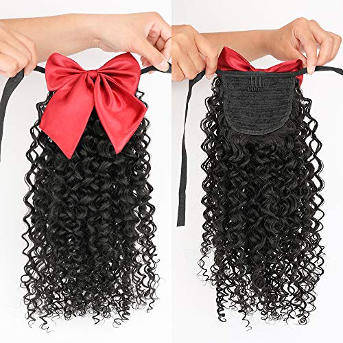 Forfeels 14inch kinky Curly Ponytail Hair Pieces for African American Black Women Ponytail Extension Jerry Curly Ponytail with Red Bowknot in one Piece for Women