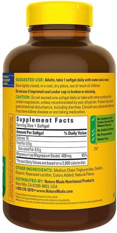 Miniatura 2 de Nature Made Magnesio 400 mg Óxido Extra Strength 180 cápsulas blandas, 180 días de suministro, 1 cápsula blanda diaria apoya la relajación muscular,