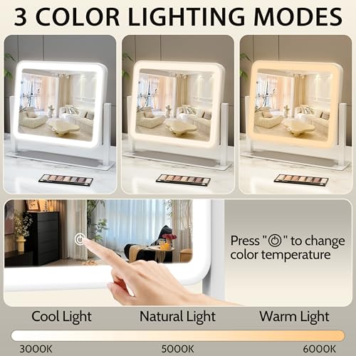 Image of ROLOVE 14 inchx12 inchVanity Mirror, Lighted Makeup Mirror for Vanity Desk, Smart Touch Control, 360 Rotation, 3-Color Modes, Gifts for Women, Bedroom, White