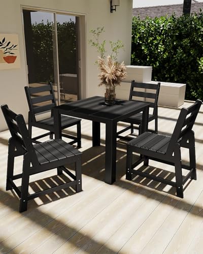 Image of GREENVINES 5PCS Patio Dining Set, HDPE Square Table & 4 Side Chairs, Black
