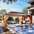 Aoxun 12' x 20' Hardtop Gazebo, Wooden Finish Coated Aluminum Frame Canopy, Galvanized Steel Double Top, Outdoor Permanent Metal Pavilion with Curtains and Netting, for Backyard, Patio and Deck