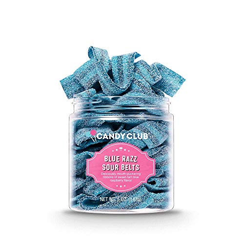 Candy Club Gourmet Gummy Blue Razz Sour Belts, Vegan, Sweet and Chewy Fruit Strips for Gifts, Parties, Snacks, Candy Buffets, etc. - 5oz Jar
