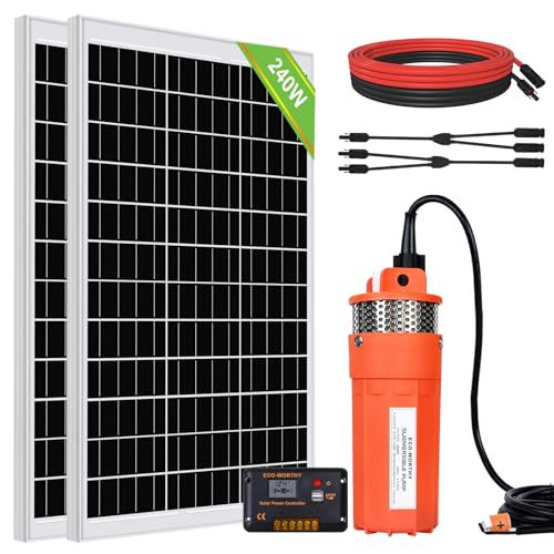 DCHOUSE Juego de bombas solares de 240 W, bomba de pozo de 12 V + 2 paneles solares de 120 W + controlador para riego independiente de la red y agua de ganado – Entrega en 2 paquetes