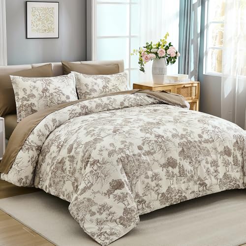 Image of DJY King Size 7 Piece Bed in a Bag-Floral Botanical Light Brown Comforter Set,King Comforter Set with Sheets,Farmhouse Comforter