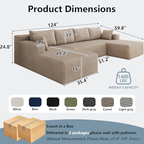 Image of 124 inch Cloud Sectional Couch,Modern U-Shaped Boneless Couch with Deep Seat,Comfy Corduroy Sofa,Memory Foam Sofa for Living Room,No Assembly Required (Camel)