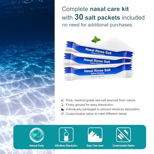 Neti Pot Sinus Rinse Bottle Nose Wash Cleaner Pressure Rinse Nasal Irrigation for Adult & Kid BPA Free 300 ML with 30 Nasal Wash Salt Packets and Sticker Thermometer - Image 4