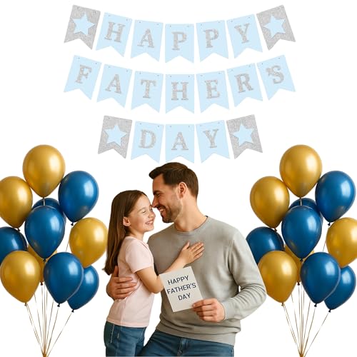 Image of Happy Father's Day Glitter Black Beer Bunting Banner for Dad Father's Party Decorations Backdrop Garland for Father's Day (Light Blue Silver Father)