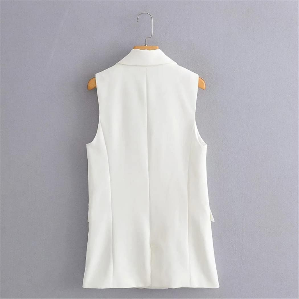Women Simply Sleeveless Double Breasted Vest Jacket Office Ladies Wear Casual Suit Waistcoat Pockets Outwear Tops