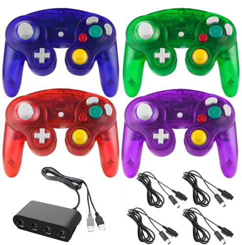 Poulep 4 Pack Wired Transparent Gamecube Controllers with 4 Port USB Adapter and 4 Pcs Extension Cord Set for Game Cube, Switch, WII, Wii U Console, PC (Clear Red Purple Blue Green)