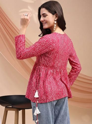 Image of MAHIRA'S Women's Short Kurti, Black Rayon Tunic Top with Embroidered Sleeves, 3 /4 Designer Sleeves