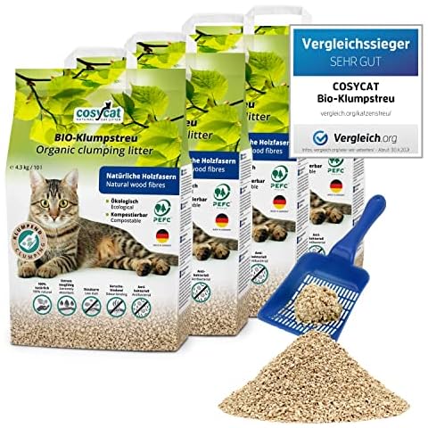 COSYCAT Klumpendes Bio-Katzenstreu aus Holz [100% Natürlich] - in der Toilette entsorgbar - Klumpstreu pflanzlich - Holzstreu (FEIN, 40 l (4 x 10 l)) Cover