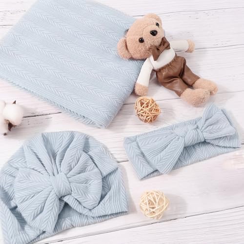 Image of AQOKKA Baby Swaddle Blankets with Bow Hat Headband Set Wheat-Pattern Infant Receiving Blankets Swaddles for Newborns Unisex Toddler Swaddle Wrap Sets for Baby Girls Boys Nursery Warm Shower Gift