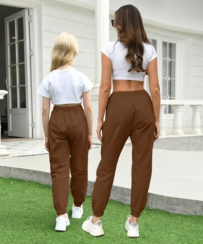 Image of AOWKULAE Big Girls Pants, Drawstring Elastic Waist Loose Tapered Cargo Jogger Pants with Multi Pockets for Girl, Z-Brown, 13-14 Years = Tag 170
