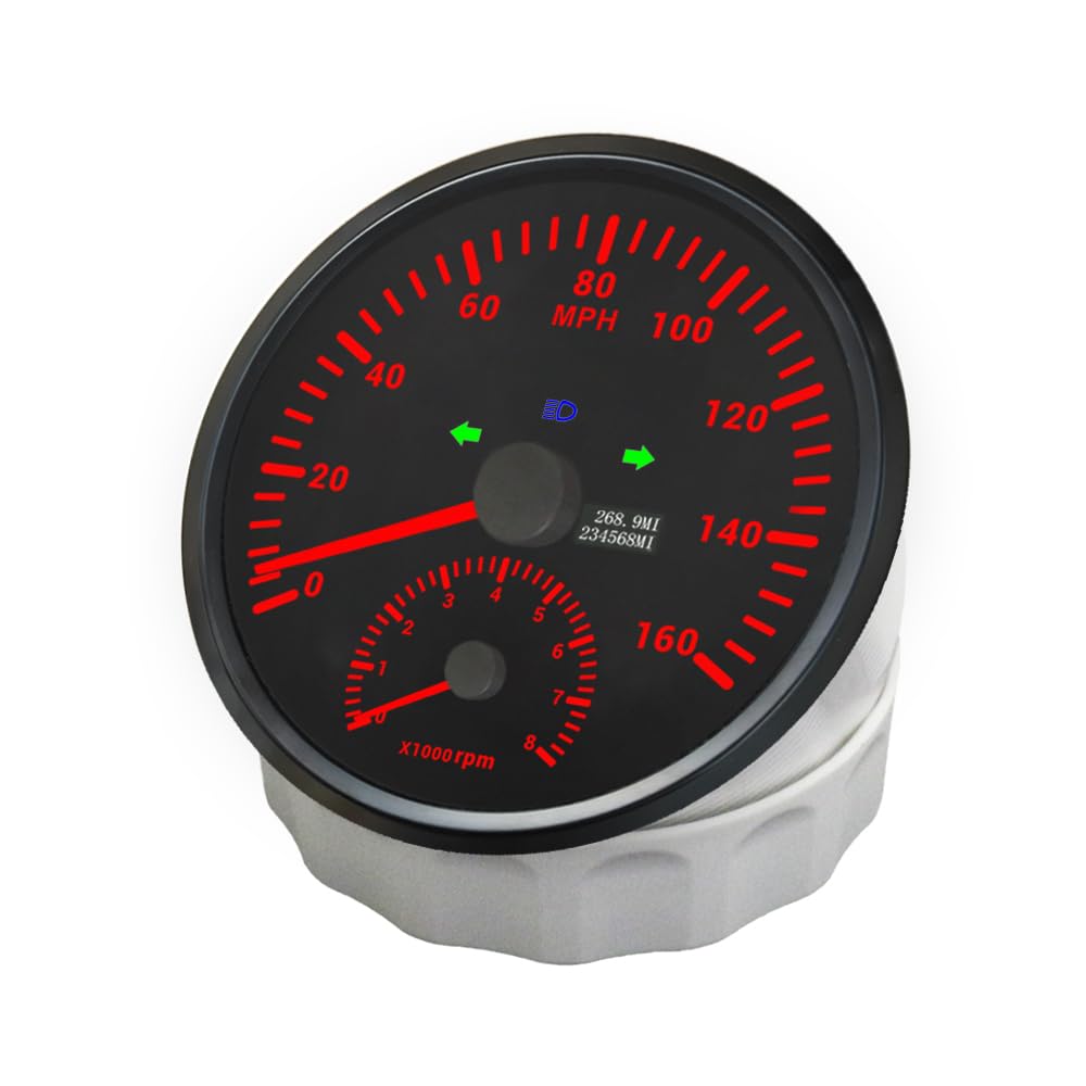 ELING Velocímetro GPS 2 en 1 de 110 mm medidor de odómetro de 0 a 160 MPH con tacómetro de 0 a 8000 RPM medidor de revoluciones con luz de fondo roja de 12 V y 24 V