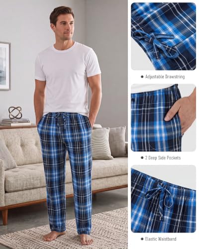 Image of 3 Pack Mens Cotton Pajamas Pants Lounge Pjs Bottoms Sleepwear Bottoms Soft Pants with Pockets Drawstring