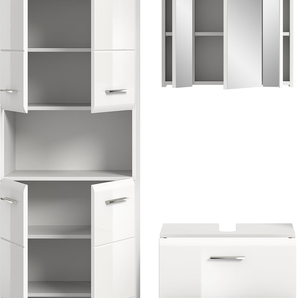 Lomadox Badezimmer Badmöbel-Set 3-teilig in weiß mit weiß Hochglanz, mit 1 Hochschrank, 1 Spiegelschrank mit 3D-Funktion & 1 Waschbeckenschrank