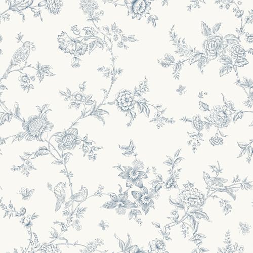 VEELIKE Vintage Blue Toile Wallpaper Peel and Stick Boho Cottage Birds Floral Wallpaper for Bedroom Bathroom 17.7''x118'' Self Adhesive Removable Chinoiserie Wall Décor Contact Paper for Cabinets