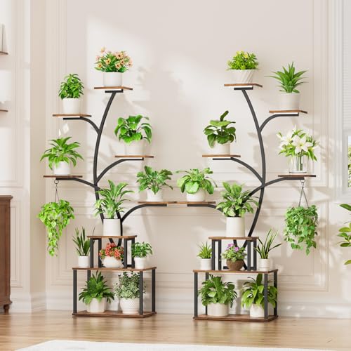 Image of Plant Stand Indoor with Grow Lights - Large Plant Shelf Indoor, 63 inch 8 Tier Tall Plant Stands for Multiple Plants, 2 Pack Lighted Corner Flower Shelf, Tree-Shaped Metal Holder for Living Room, Black