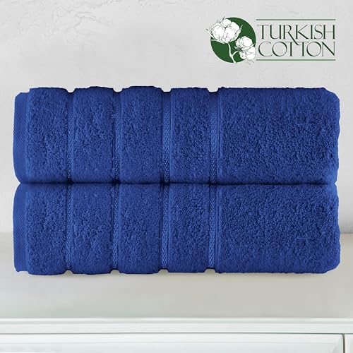 Image of Elegant Comfort 100% Turkish Cotton 4 Lines Viscose Stripe Luxury 2 Pack Bath Towel Set 27 x 54 Inch - Super Soft and Highly Absorbent Premium Hotel Spa Quality Towels for Bathroom Use, Royal Blue