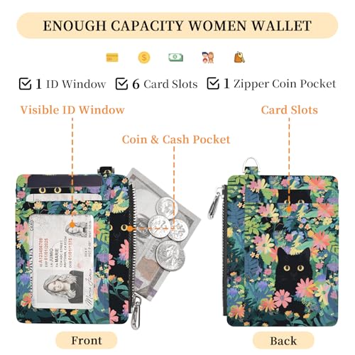 Image of Hancynir Black Cat Slim Wallet Women Credit Card Holder, Cute Small RFID | Zipper Pocket Wallet, Thin Travel Coin Purse, PU Leather, Minimalist Card Case, 6 Card Slots, ID Window, Ladies Women Gifts