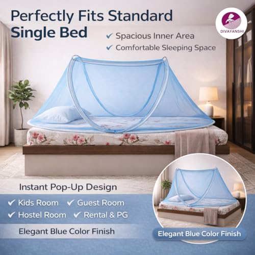 Image of Divayanshi Foldable Mosquito Net for Single Bed (3 * 6.5 ft) | Pop-Up Bed Tent with Zipper | Lightweight Polyester Mesh | Easy Folding & Washable | Insect & Mosquito Protection for Bedroom-Blue