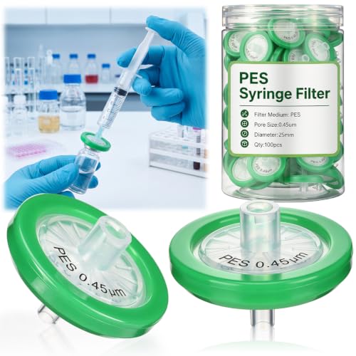 Huwena 100 Pcs PES Syringe Filters for Lab, 25mm, 0.45um