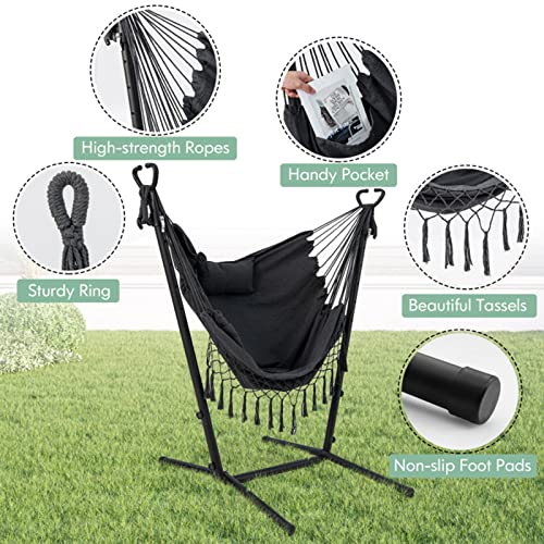 Hammock Chair Hanging Rope Swing, Max 550 Lbs, 2 Seat Cushions Included, Quality Cotton Weave For Superior Comfort, Durability, With Phone Holder And Side Pocket #TOP3