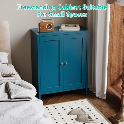 Image of Metal Floor Storage Cabinet, Small Freestanding Sideboard Storage with 2 Adjustable Shelves for Bathroom Entryway Living Room Dining Room Coffee bar Kitchen,11.8 inchD x 23.6 inchW x 31.5 inchH,3-Tier,Teal Blue