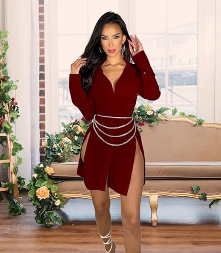 Image of Shirt Dress for Women Sexy Button Down Date Night Dresses Ruched Slit Stand Collar Long Sleeve Blouses