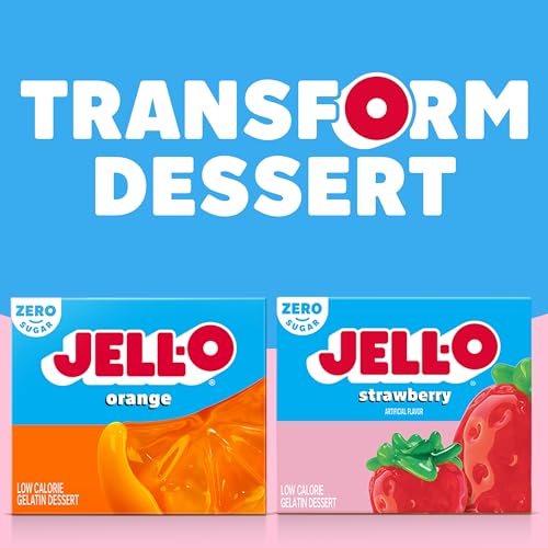 Image of Jell-O Zero Sugar Gelatin Dessert Mix, Strawberry Flavor, Low Calorie Classic Fruit Gelatin for Snacks, Desserts & Party Recipes, 0.30 oz (Pack of 24)