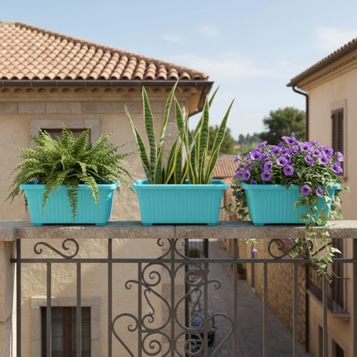 Image of Bianco Rectangular Plastic Pots for Plants, Jupiter Flower Pots for Home, Window Display, Garden (35 x 18.5 x 15 cm) (Blue) (Pack of 3)