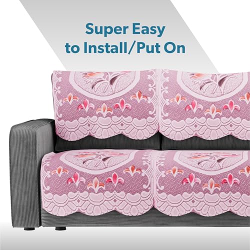 Image of Kuber Industries (Set of 4) Stylish & Durable Cotton Sofa Covers 2 Seater | Aesthetic Sofa Protector /Mat & Slipcover for Hall, Living Room & Office | Flower Design - White & Pink