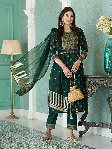 Image of GoSriKi Women's Cotton Blend Printed Straight Kurta with Pant & Dupatta