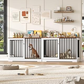 FirFurd Dog Crate Furniture Dog Cage for Large Breeds Wooden Puppy Kennel with Sliding Doors & 2 Bowls Heavy Duty Pet House Indoor Sideboard Cabinet White+Brown 120x90x60cm
