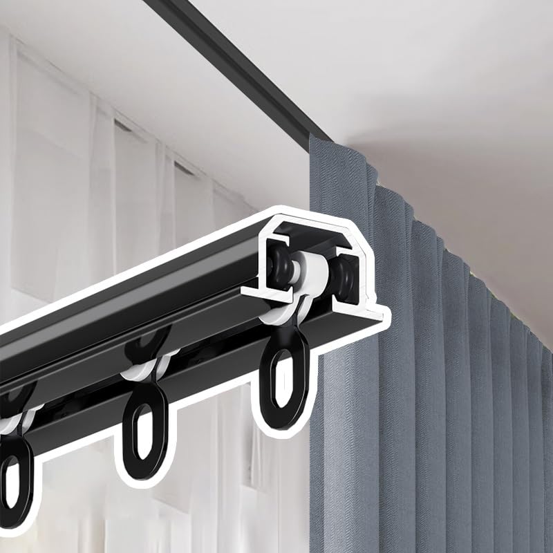 Aluminum Alloy Ceiling Mount Curtain Track System with Hidden Recessed Design Black Roller and Heavy Duty Rod for Windows Bedroom 3.5m (11.5ft)