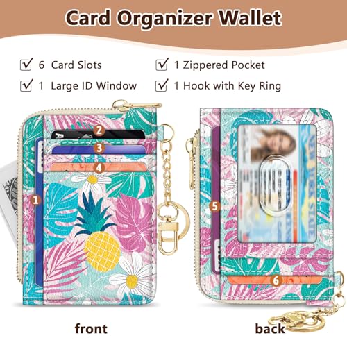 Image of GIANCOMICS Slim Wallet Credit Card Holder Women, Tropical Pineapple Rfid Blocking Small Card Case, Keychain Thin Pocket Curved Zipper Wallet, Travel Card Holder PU Leather, Ladies Female Gift