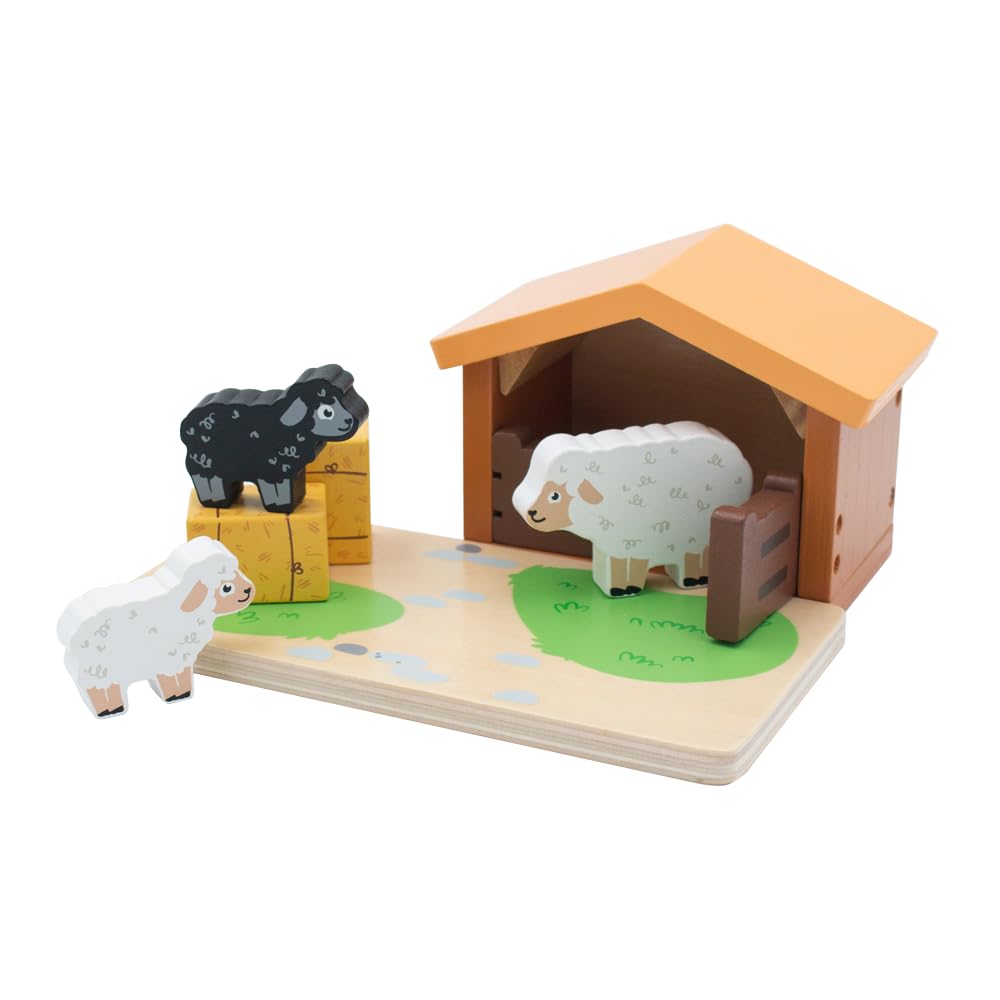 jumini Wooden Home Farm Barn Set  Includes Animals & Farmer | FSC Wood | Montessori-Friendly Toy | Compatible with Other Farm Sets | Suitable for Age 18months+ (Lambing Shed)