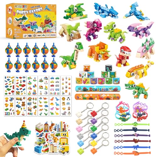 Custoduy 132PCS 3-in-1 Dinosaur Building Blocks Party Favors for Kids Ages 6-12 – 12 Packs with Stickers, Keychains & Wristbands for Valentines Birthday Gifts, Classroom Prizes & Goodie Bags