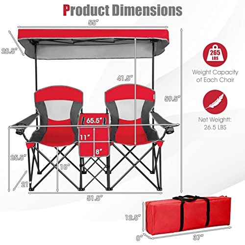 Tangkula Loveseat Camping Chair With Adjustable Shade Canopy, Portable Beach Chair With Cooler Bag, 2 Cup Holders, Carrying Bag, Foldable Double Lawn Chair For Travel, Fishing, Picnic (Red) #TOP6