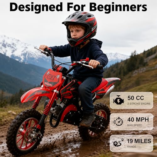 Image of Kids 50cc Dirt Bike,2-Stroke Gas Mini Bike,Red,2026 Upgraded | Kids Dirt Bike for 8-14 with Front Rear Disc Brakes,10In Off-Road Tires,Shock Absorption,Seat Height 23.6in,Max Speed 40Mph