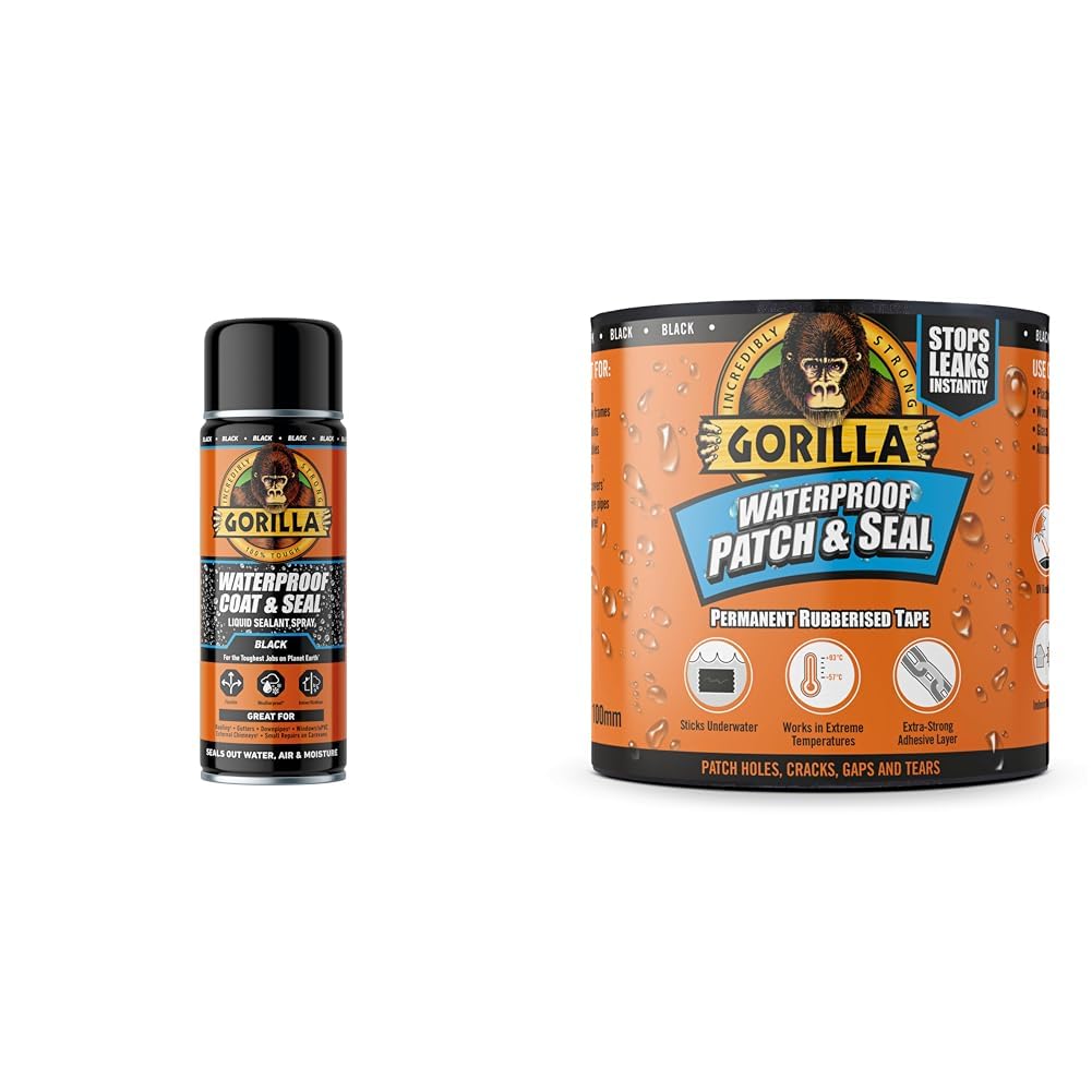 Gorilla Waterproof Black Coat & Seal Spray, 450ml – Flexible, Weatherproof Liquid Sealant & Waterproof Patch & Seal Tape Black 3m